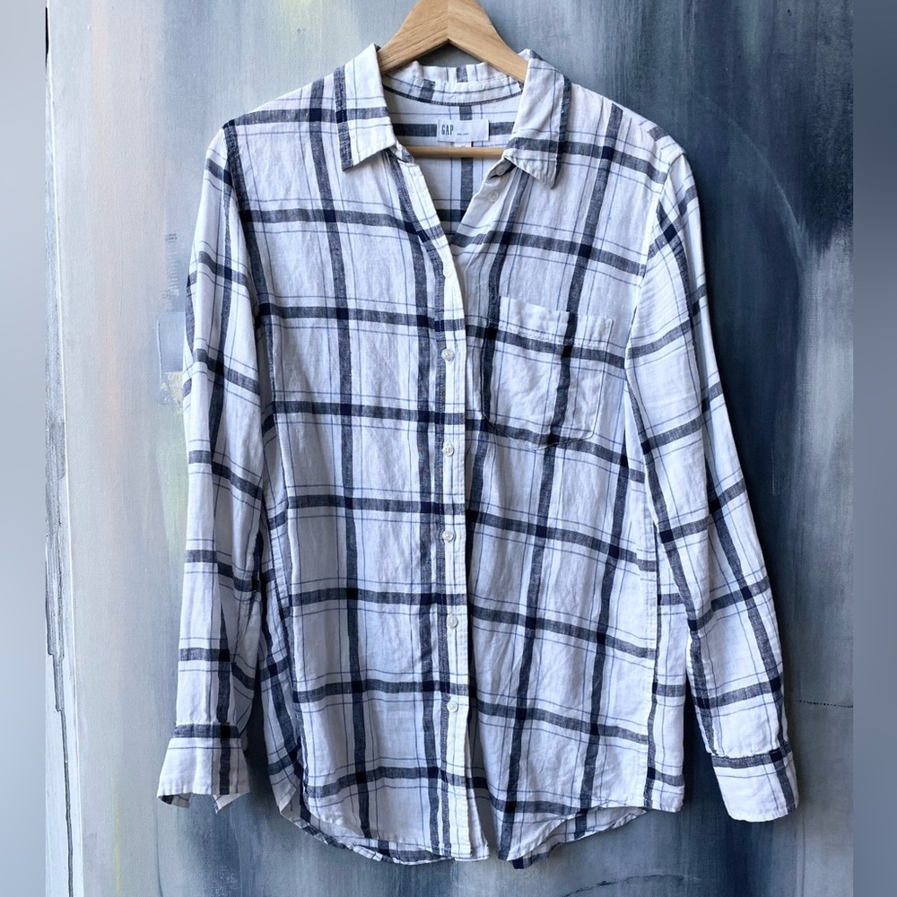 GAP 100% Linen Plaid Button down Shirt XS
